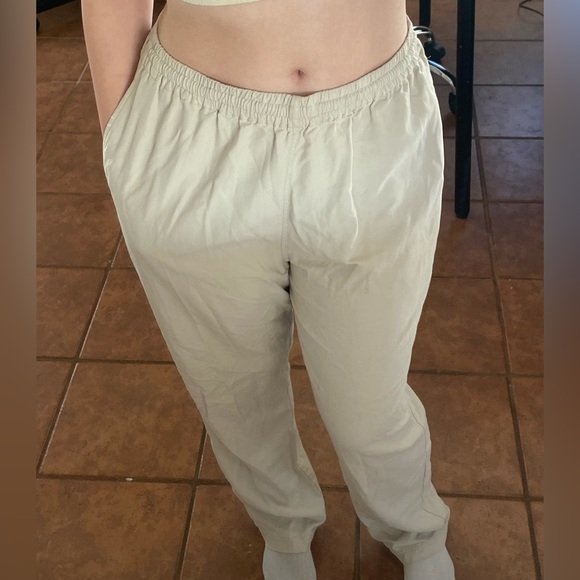 Cream oat linen silk straight leg flowy pants M/L - Picture 1 of 4